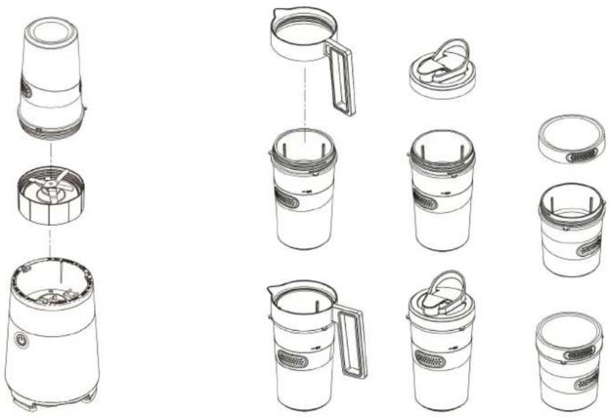 Exploded view diagram of a portable blender with internal components and lid (no text or labels)