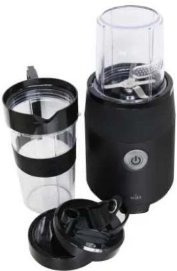 Black and white photo of a small black blender with a glass cup and open lid, no visible text or symbols.