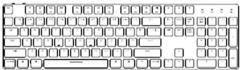 Front view of a standard computer keyboard with visible input/output labels and control buttons