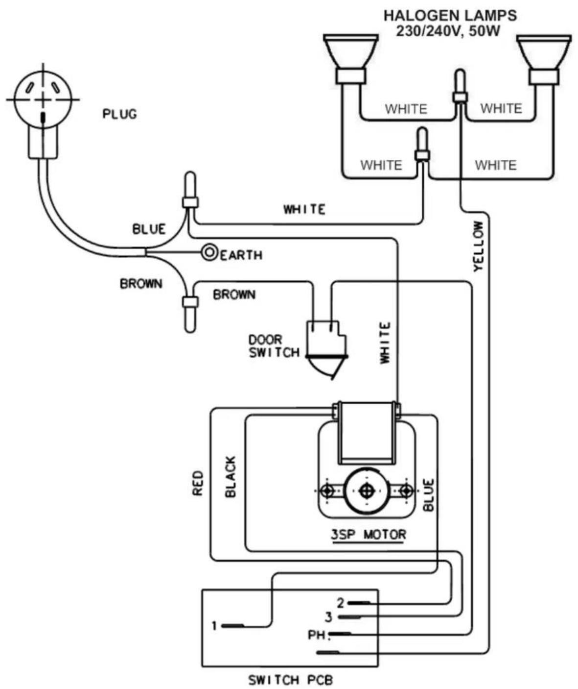 graph TD A["PLUG"] --> B["BLUE"] B --> C["EARTH"] C --> D["BROWN"] D --> E["DOOR SWITCH"] E --> F["WHITE"] F --> G["HALOGEN LAMPS 230/240V, 50W"] G --> H["WHITE"] H --> I["WHITE"] I --> J["WHITE"] J --> K["YELLOW"] K --> L["BLACK"] L --> M["3SP MOTOR"] M --> N["Blue"] N --> O["1"] N --> P["2"] N -->…
