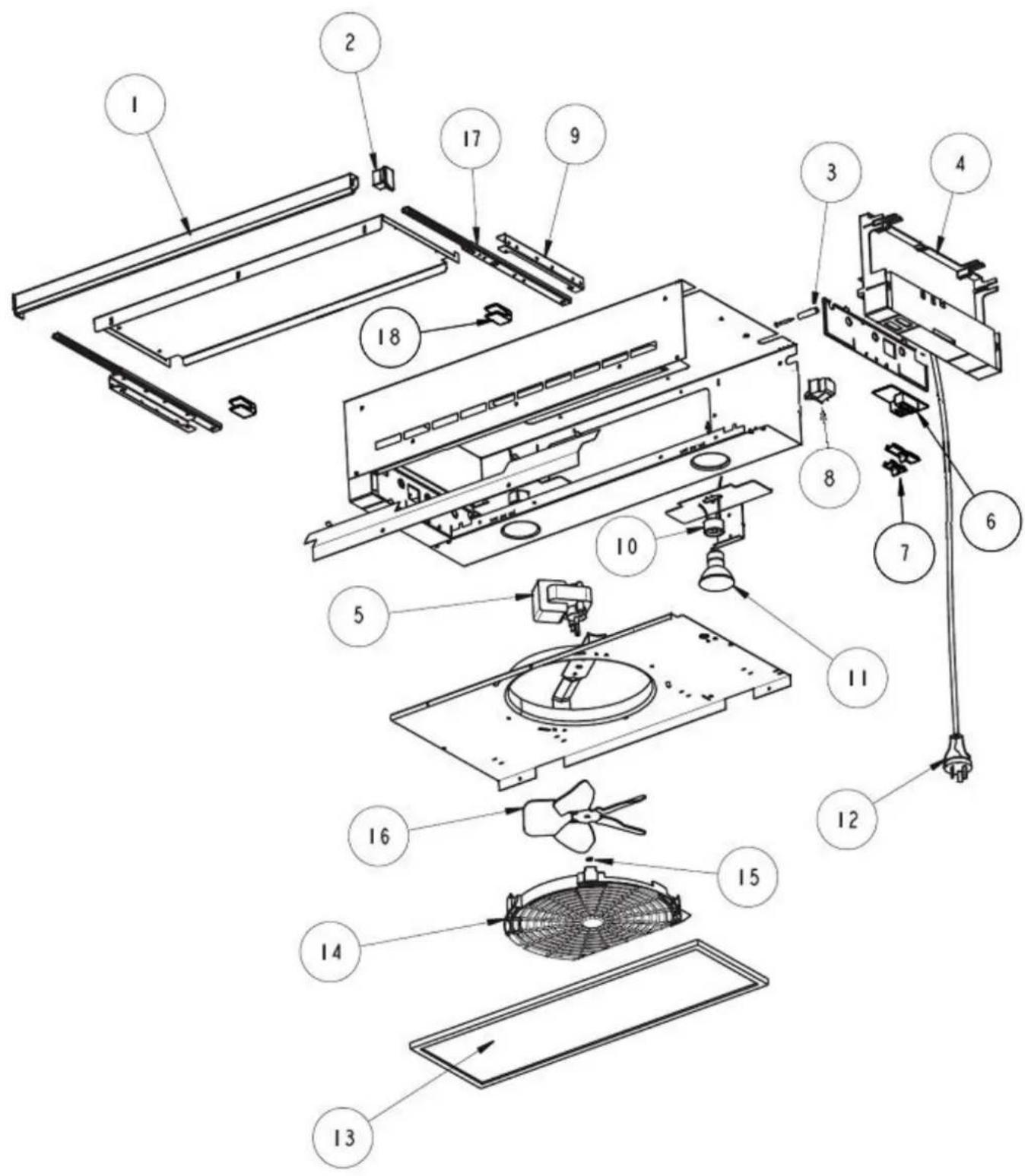 Exploded view diagram of a refrigerator assembly with numbered components for identification