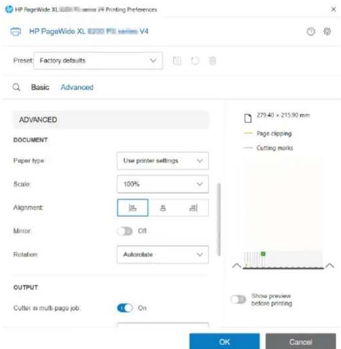 HP PageWide XL 3950 - Avancerede driverindstillinger - 1