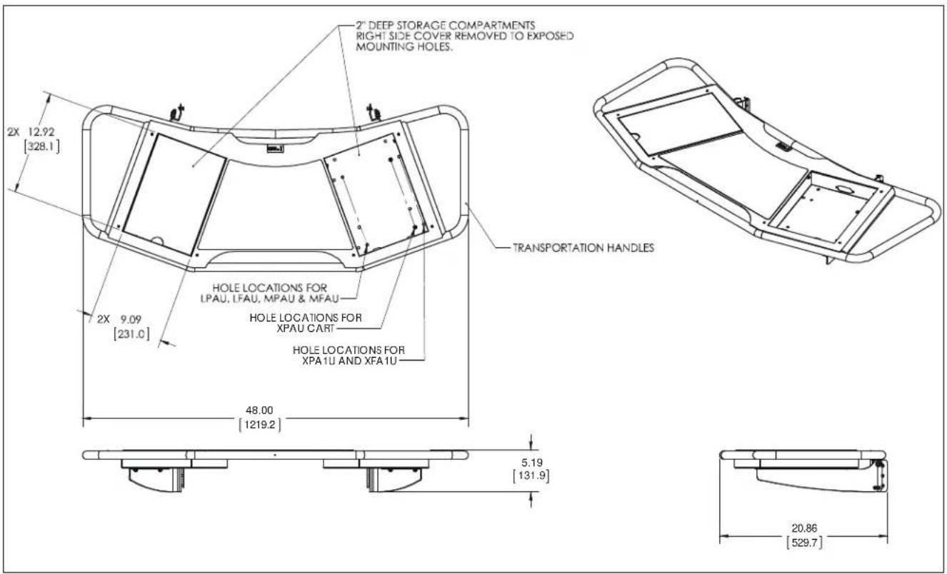 2" DEEP STORAGE COMPARTMENTS RIGHT SIDE COVER REMOVED TO EXPOSED MOUNTING HOLES. 2X 12.92 [328.1] HOLE LOCATIONS FOR LPAU, LFAU, MPAU & MFAU 2X 9.09 [231.0] HOLE LOCATIONS FOR XPAU CART HOLE LOCATIONS FOR XPA1U AND XFA1U 48.00 [1219.2] 5.19 [131.9] 20.86 [529.7]
