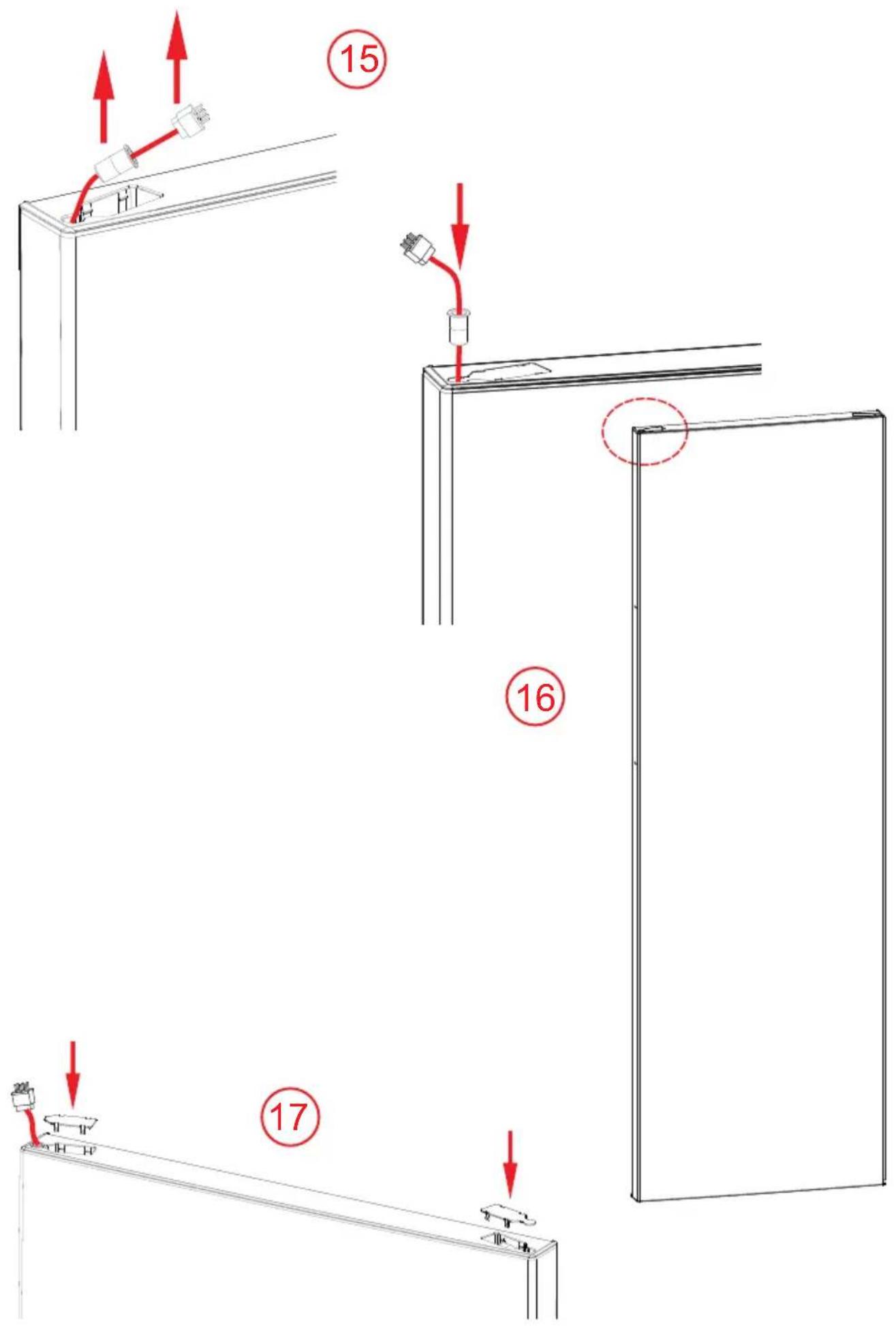 Technical diagram showing installation steps with numbered annotations and red arrows indicating motion direction