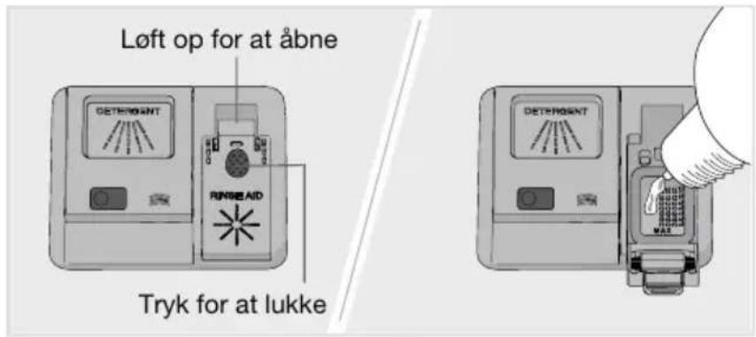 Løft op for at åbne DETERGANT RINSE AID Tryk for at lukke