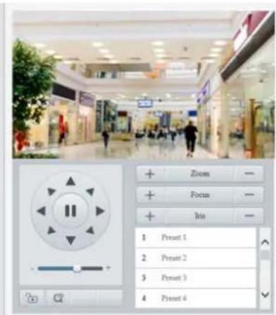 Screenshot of a software interface showing a shopping mall interior with a control panel and playback controls labeled 'Zoom', 'Focus', and 'Hint'.