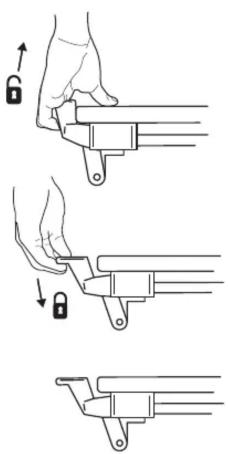 Three-step illustration showing hand positioning of a mechanical component with lock and adjustment arrows (no text or symbols)