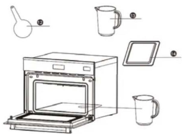 Diagram of a kitchen oven with labeled parts including a flask, pitcher, lid, and mug