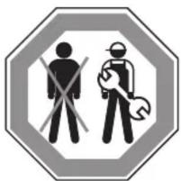 Safety warning sign with pictograms of a person crossed with a cross and a worker holding a tool, enclosed in an octagonal frame.