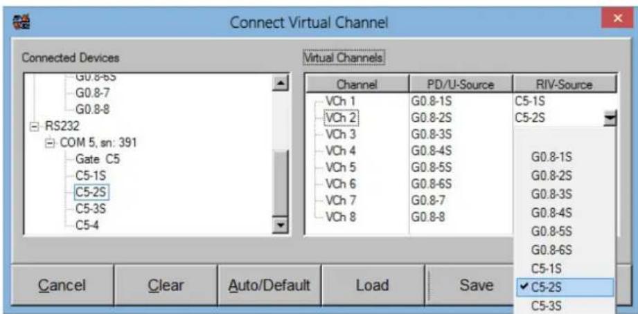 Connect Virtual Channel Connected Devices Virtual Channels G0.8-5S G0.8-7 G0.8-8 RS232 COM 5, sn: 391 Gate C5 C5-1S C5-2S C5-3S C5-4 Channel PD/U-Source RIV-Source VCh 1 G0.8-1S C5-1S VCh 2 G0.8-2S C5-2S VCh 3 G0.8-3S VCh 4 G0.8-4S G0.8-1S VCh 5 G0.8-5S G0.8-2S VCh 6 G0.8-6S G0.8-3S VCh 7 G0.8-7 G0.8-4S VCh 8 G0.8-8 G0.8-5S Cancel Clear Auto/DefaultLoad Save C5-2S C5-3S