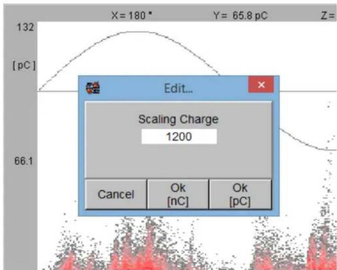 X=180 ° Y= 65.8 pC Z= [ pC ] 132 Edit... Scaling Charge 1200 Cancel Ok [nC] Ok [pC]