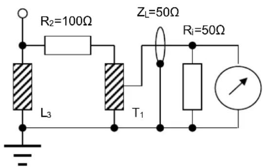R₂=100Ω Zₗ=50Ω L₃ T₁ Rᵢ=50Ω