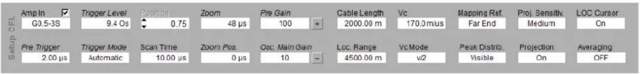 Setup CFL Amp In ✓ Trigger Level Position Zoom Pre Gain Cable Length Vc Mapping Ref. Proj. Sensitiv. LOC Cursor G0.5-3S 9.4 Os 0.75 48 μs 100 + 2000.00 m 170.0 m/us Far End Medium On Pre Trigger Trigger Mode Scan Time Zoom Pos. Osc Main Gain Loc. Range Vc Mode Peak Distrib. Projection Averaging 2.00 μs Automatic 10.00 μs 0 μs 10 - 4500.00 m v/2 Visible On OFF