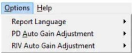 Options Help Report Language ▶ PD Auto Gain Adjustment ▶ RIV Auto Gain Adjustment ▶