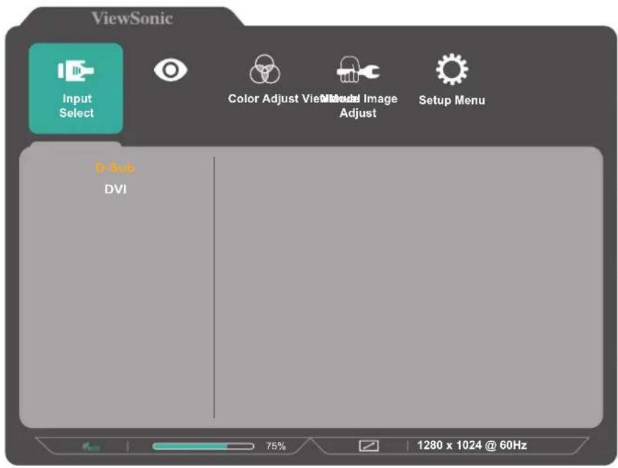 ViewSonic Input Select Color Adjust View Model Image Adjust Setup Menu D-Sub DVI 75% 1280 x 1024 @ 60Hz