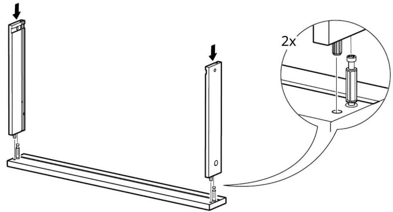 Technical diagram showing a mechanical assembly with two vertical supports and a magnified inset highlighting a 2x ratio of measurement.