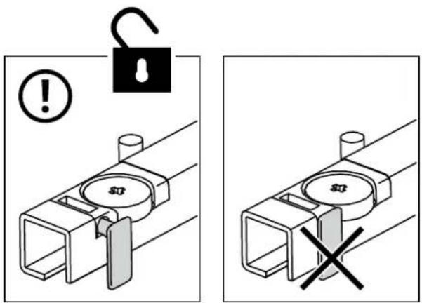 Technical diagram showing two mechanical component configurations with warning symbols and a lock icon