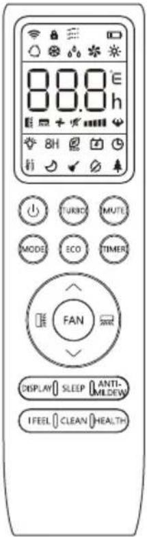 88.8 E h 8H TURBO MUTE MODE ECO TIMER FAN DISPLAY SLEEP ANTI- MILDEW IFEEL CLEAN HEALTH