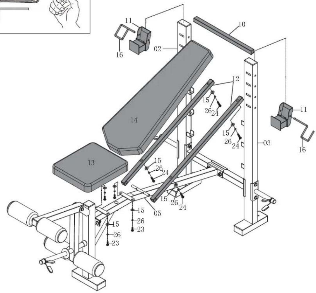 Technical diagram of a gym equipment setup with numbered components and labeled parts