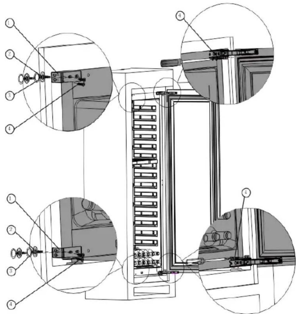 Technical diagram of a refrigerator interior with numbered components and close-ups of mechanical parts