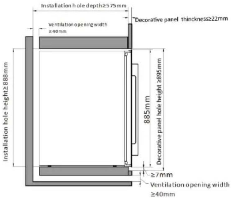 Installation hole depth≥575mm Ventilation opening width ≥40 mm Decorative panel thickness≥22mm 885mm Decorative panel hole height ≥895mm ≥7mm Ventilation opening width ≥40mm Installation hole height≥888mm