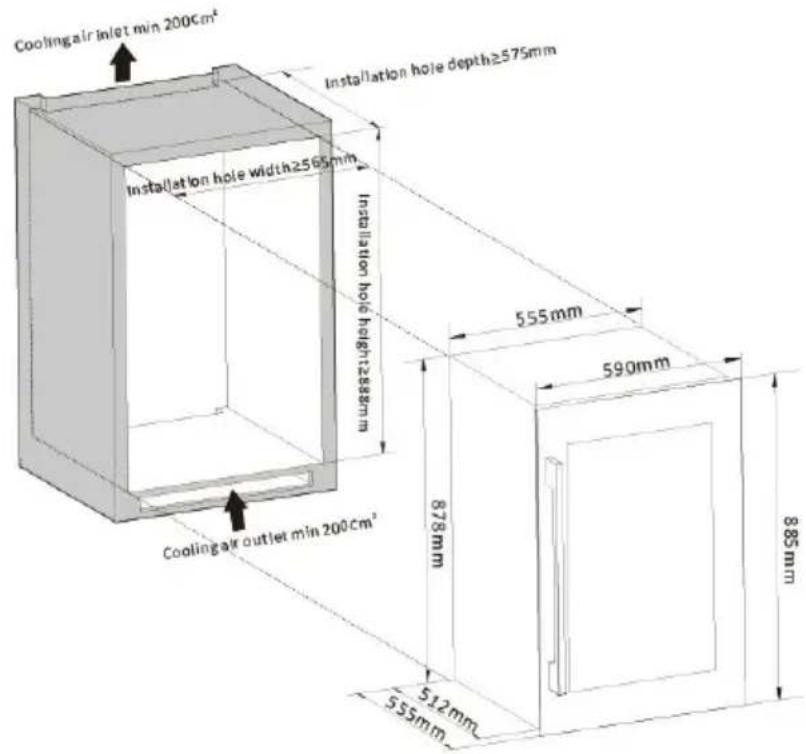 Cooling air inlet min 200cm² Installation hole width≥565mm Installation hole height:288mm Cooling air outlet min 200cm² Installation hole depth≥575mm 555mm 590mm 878mm 512mm 555mm 885mm