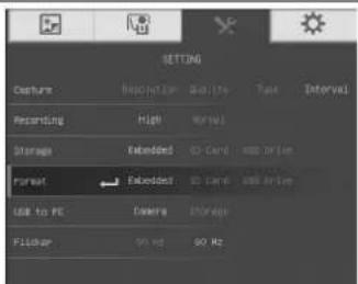 SETTING Capture Respiration Quality Time Interval Recording High Normal Storage Extended 0 Card 100 Drive Format Extended 30 Card 400 Drive USB to PC Camera Storage FILL&UP 90 Hz 50 Hz