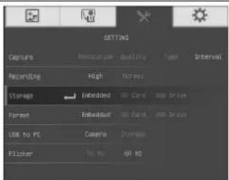 SETTING Capture Resource Quality Type Interval Recording High Normal Storage Inscribed HD Card 100 Drive Format Enhanced HD Card 100 Drive USB to PC Camera Storage Pitch No. 40 Hz