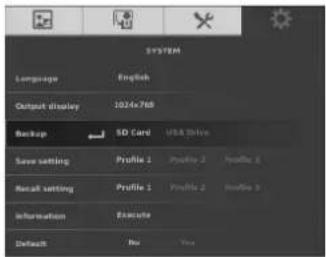 SYSTEM Language English Output display 1024x768 Backup SD Card USB Drive Save setting Profile 1 Profile 2 Profile 3 Recall setting Profile 1 Profile 2 Profile 3 Information Execute Default No Yes