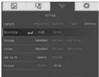 SETTING Capture Reposition Ratio Type Interval Recording High Normal Storage Extended as Card USB Drive Format Extended IC Caps USB Drive USB to PC Camera Scaner Filletor 50 Hz 60 Hz