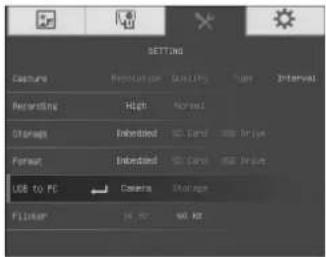 SETTING Capture Recirculation Quality Type Interval Recording High Normal Storage Inhibited DC Card USB Drive Format Inhibited DC Card USB Drive USB to PC Camera HDRs Filter DC PC 80 MHz