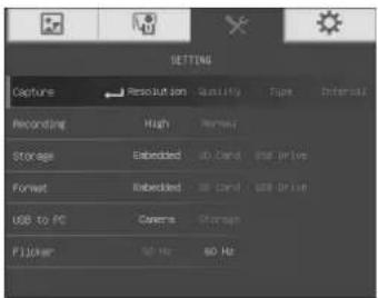 SETTING Capture → Resolution Quantity Type Interval Recording High Normal Storage Embedded 3D Card Start Drive Format Embedded 3D Card USB Drive USB to PC Camera Storage FLJoker 50 Hz 80 Hz