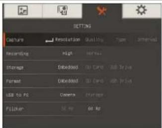 SETTING Capture Resolution Quality Type Approval Recording High Normal Storage Encoded 00 Card Add Drive Format Encoded 00 Card Add Drive USB to PC Camera Transfer Pflicker SE # 60 Hz