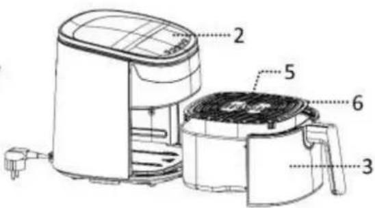 Technical diagram of an air fryer with numbered parts labeled 2, 3, 5, and 6