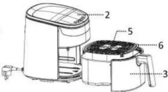 Technical diagram of an air fryer with numbered parts labeled 2 through 6