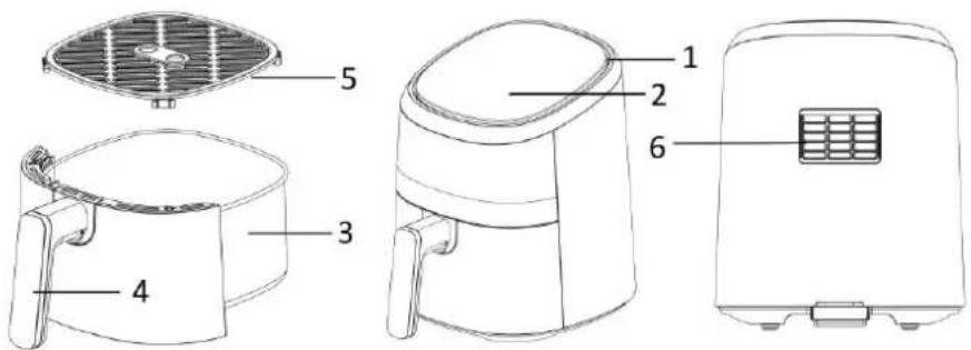 Technical diagram of a four-step air fryer with labeled parts from fan to door panel