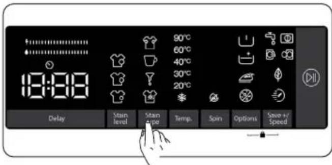 18:00 90°C 60°C 40°C 30°C 20°C Delay Stain level Stain pipe Temp. Spin Options Save +/- Speed