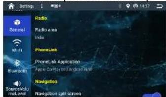 Settings Radio Radio area India WiFi PhoneLink PhoneLink Application Apple Call/Zip and Android Web Bluetooth Navigation SourceVolu meLevel Navigation split screen