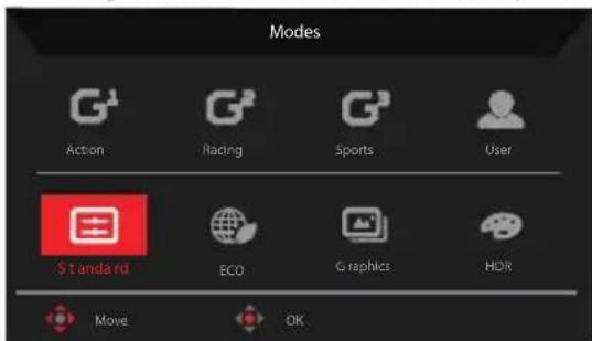 Modes Action Racing Sports User Standard ECO Graphics HDR Move OK