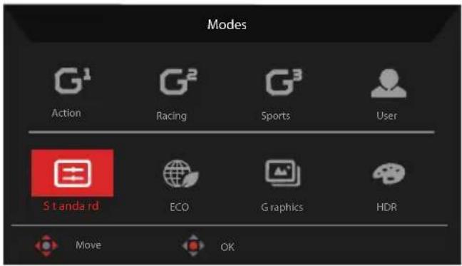 Modes G¹ G² G³ Action Racing Sports User Standard ECO Graphics HDR Move OK