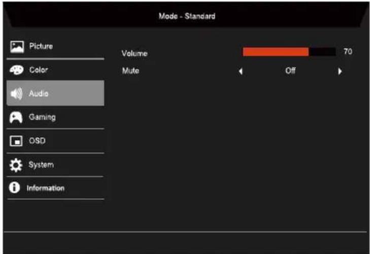 Mode - Standard Picture Color Audio Gaming OSD System Information Volume Mute 70 Off