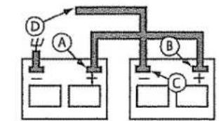 Electrical circuit diagram with labeled components A, B, C, D and polarity indicators