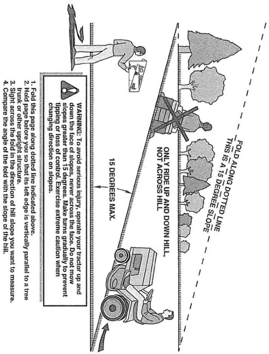 FOLD ALONG DOTTED LINE THIS IS A 15 DEGREE SLOPE ONLY RIDE UP AND DOWN HILL, NOT ACROSS HILL 15 DEGREES MAX. WARNING: To avoid serious injury, operate your tractor up and down the face of slopes, never across the face. Do not mow slopes greater than 15 degrees. Make turns gradually to prevent tipping or loss of control. Exercise extreme caution when changing direction on slopes. 1. Fold this page along dotted line indicated above. 2. Hold page before you so that its left edge is vertically parallel to a tree trunk or other upright structure. 3. Sight across the fold in the direction of hill slope you want to measure. 4. Compare the angle of the fold with the slope of the hill.