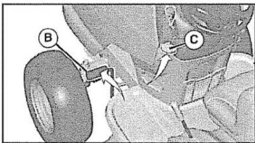 Technical diagram showing mechanical assembly with labeled parts B and C, likely illustrating a component or assembly step.
