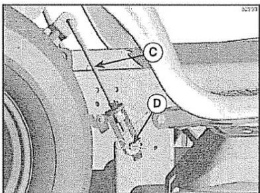 Technical diagram showing mechanical components labeled C and D with directional arrows indicating movement or assembly.