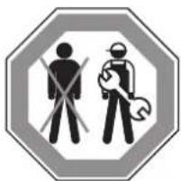 Safety warning sign with pictograms of a person crossed with a cross and a worker holding tools, enclosed in an octagonal frame.
