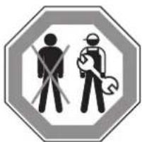 Safety warning sign with pictograms of a person crossed out and a wrench, indicating no protection or disapproval.