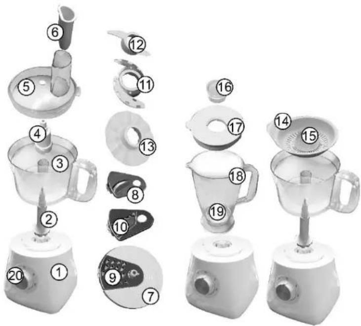 Exploded view diagram of a kitchen appliance with numbered parts for identification