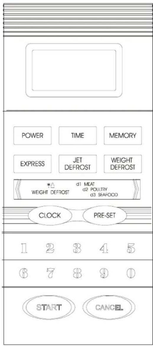 POWER TIME MEMORY EXPRESS JET WEIGHT DEFROST DEFROST WEIGHT DEFROST d1 MEAT d2 POULTRY d3 SEAFOOD CLOCK PRE-SET 1 2 3 4 5 6 7 8 9 0 START CANCEL
