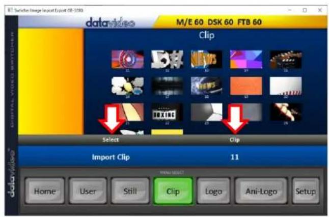 Switcher Image Import Export GB-1030 M/E 60 DSK 60 FTB 60 DataVideo Clip Select Clip Import Clip 11 Home User Still Clip Logo Ani-Logo Setup